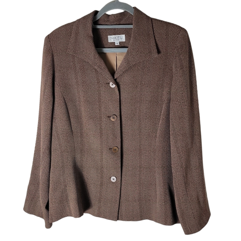 Tamotsu New York brown black chervon stripe button closure blazer size 14